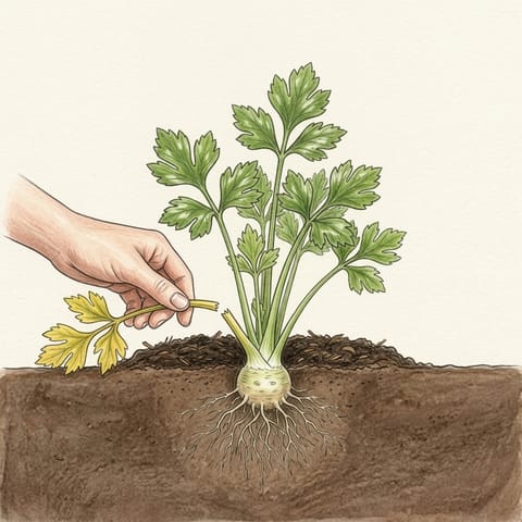 A hand removing a yellowing outer leaf from the base of a celeriac