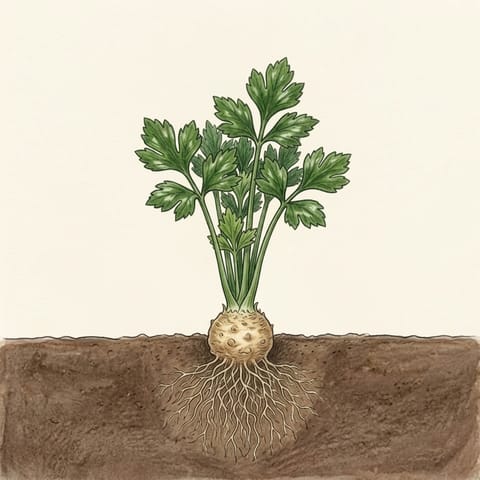 A celeriac with a tennis-ball-sized base swelling at the soil surface