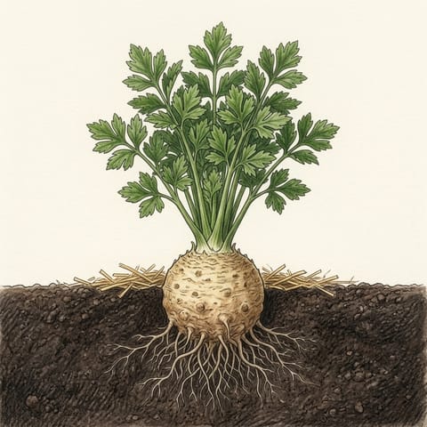 A full-sized celeriac sitting half out of the soil under its leaves