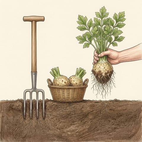 A celeriac lifted with a fork beside a basket of trimmed roots