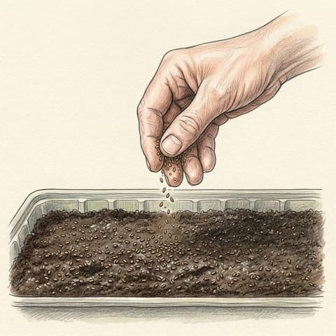 Celery seed being sprinkled on the surface of a seed tray