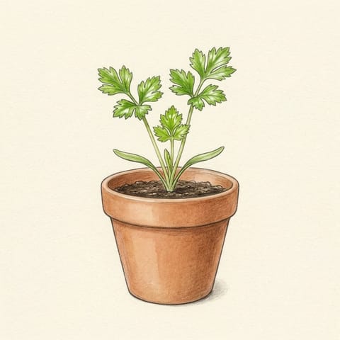 A celery seedling in a small pot