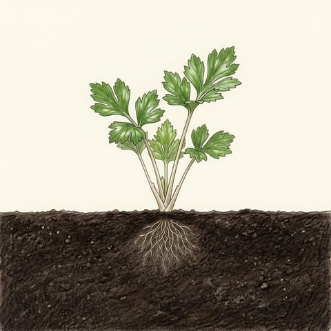 A young celery plant just planted in the garden