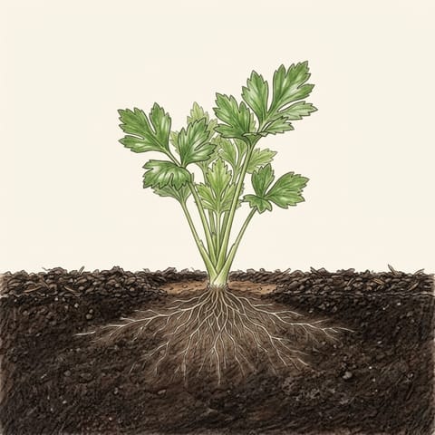 A young celery plant with compost mulch around it
