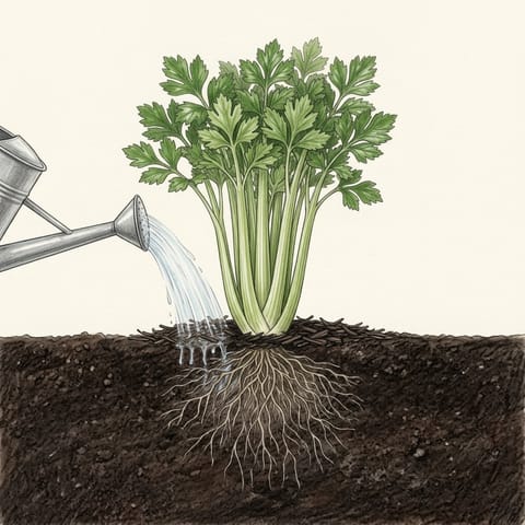 A growing celery plant being watered at its base