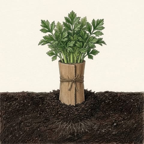 A celery plant with a cardboard collar around its stalks