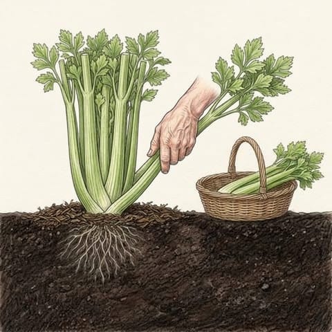 A hand pulling an outer celery stalk beside a basket