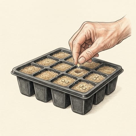 Chilli seeds being sown in a seed tray