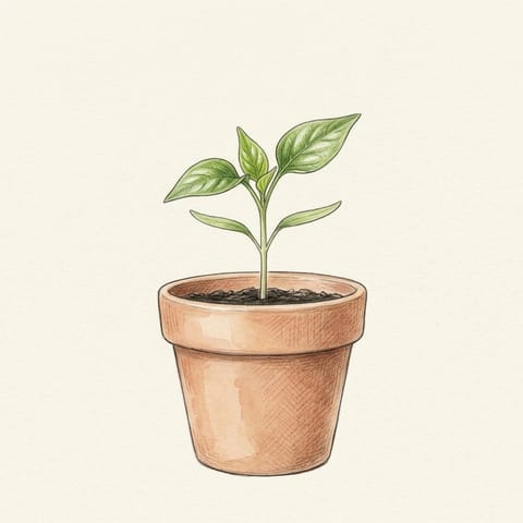 A chilli seedling in a small pot