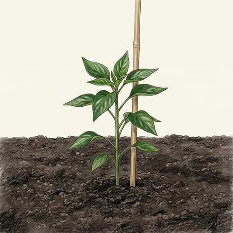 A young chilli plant just planted beside a cane