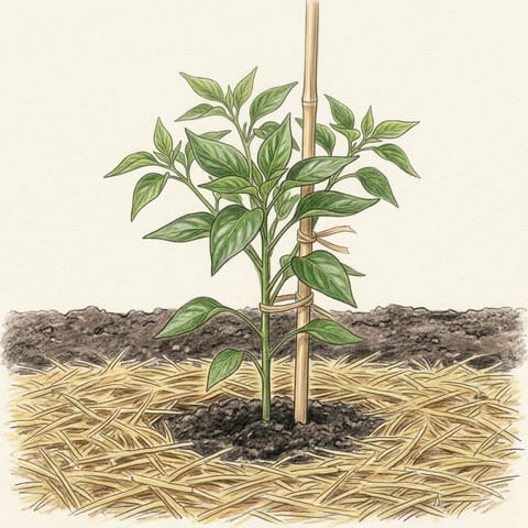 A young bushy chilli plant tied to its cane, with straw mulch