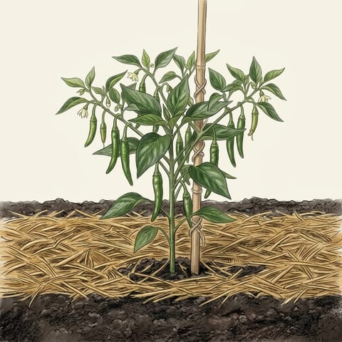 Slim green chillies hanging on the plant