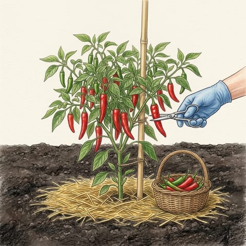 A gloved hand cutting a red chilli from the plant, a basket beside it