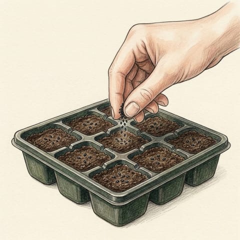 Chive seeds being sown in a module seed tray