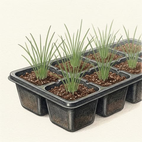 Small clumps of grass-like chive seedlings in a tray