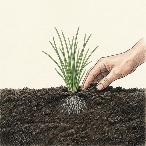 A small clump of chive seedlings just planted in a garden bed