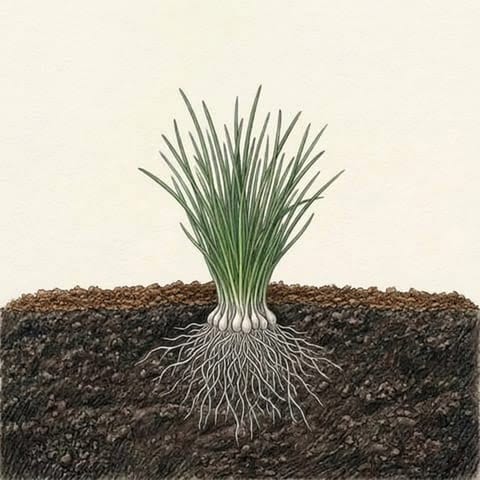 A young chive clump with compost mulch around it