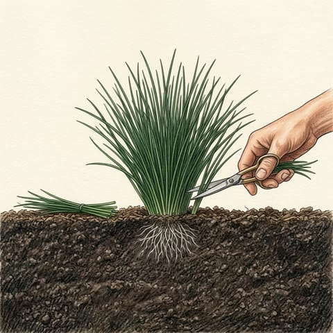 A hand with scissors cutting a bunch of chive leaves