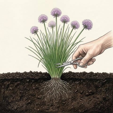 A chive clump with round purple flowers and a hand cutting a stalk