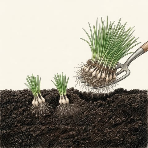 A big chive clump lifted with a fork and split into pieces