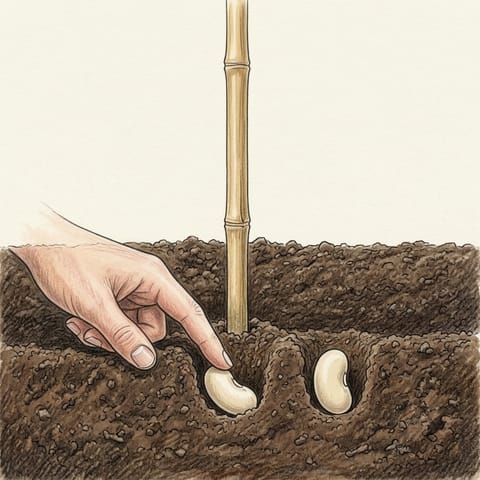A hand sowing bean seeds at the foot of a bamboo cane