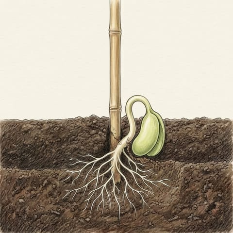A bean seedling pushing up through the soil beside its cane