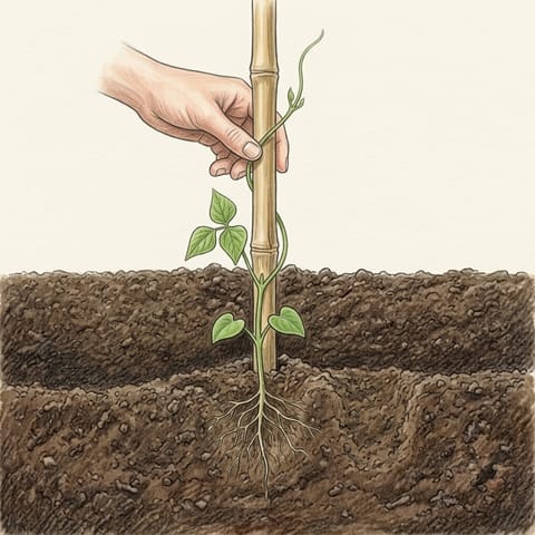 A hand winding a young bean stem around its cane