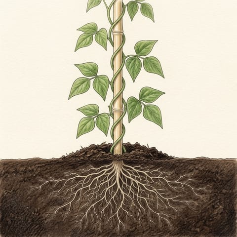 A bean vine twining up its cane with compost mulch below