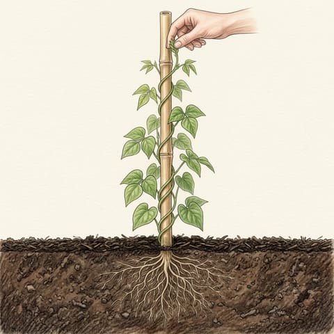 A hand pinching out the tip of a bean vine at the top of its cane