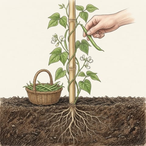 A hand picking a bean pod beside a basket of beans