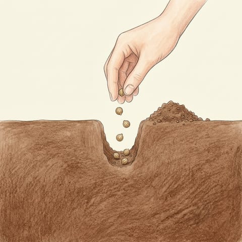A hand sowing coriander seeds along a shallow row