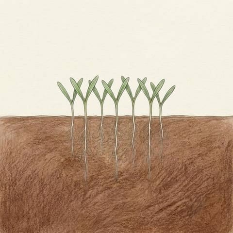 A row of coriander seedlings just through the soil