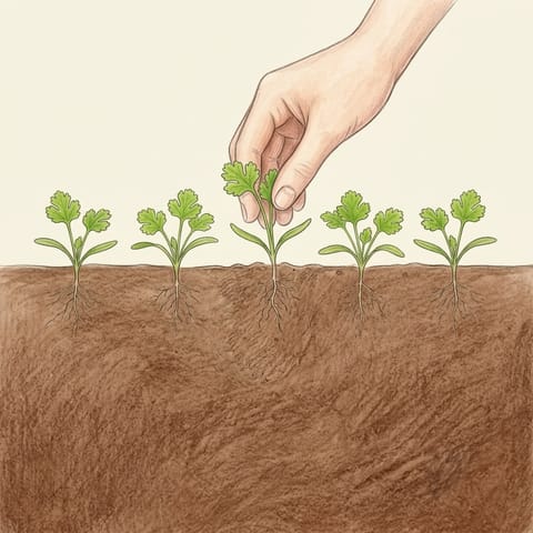 Fingers pulling a spare seedling from a row of young coriander