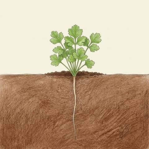 A young coriander plant with a clump of lobed leaves