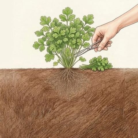 A hand cutting outer stems from a leafy coriander plant