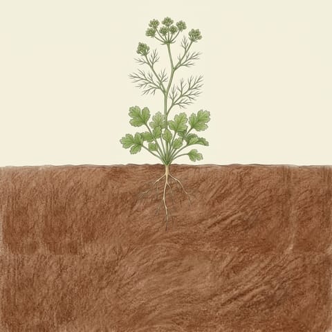 A coriander plant with a tall flower stem rising from its centre