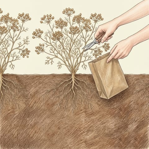 A hand cutting brown seed heads from a coriander plant into a paper bag