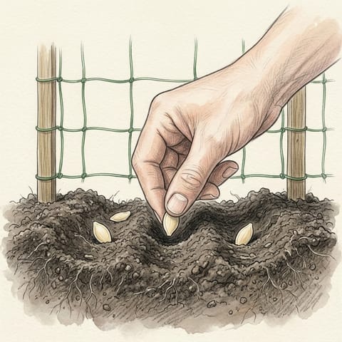 Cucumber seeds being pressed into a low mound of soil below a net trellis