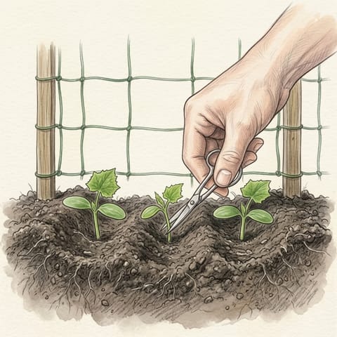 Three cucumber seedlings, the weakest one being snipped off