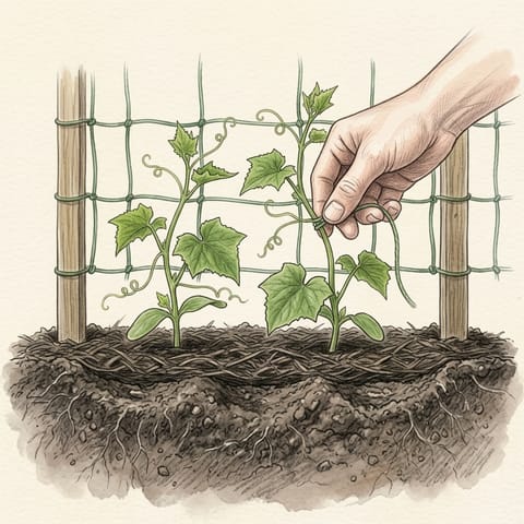 Two young cucumber vines climbing netting, a stem being tied in