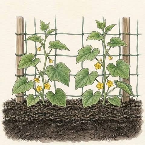 Cucumber vines on netting with small yellow flowers