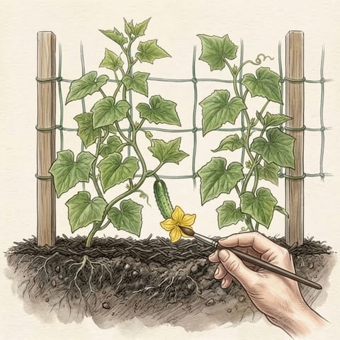 A soft brush touching a female flower with a tiny cucumber behind it