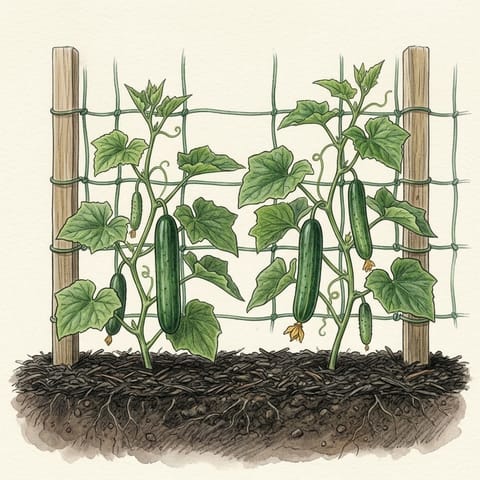 Young green cucumbers hanging from vines on netting