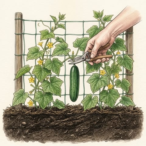 A hand cutting a cucumber from the vine
