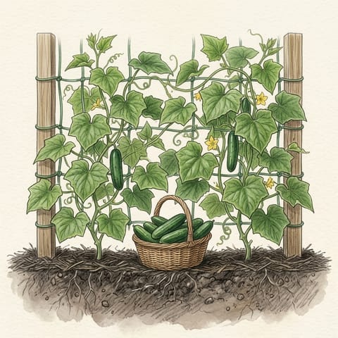 A basket of picked cucumbers beside the vines