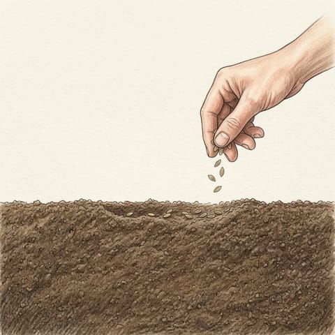 A hand sowing dill seeds along a shallow row