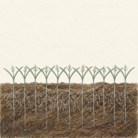 A row of tiny dill seedlings just through the soil