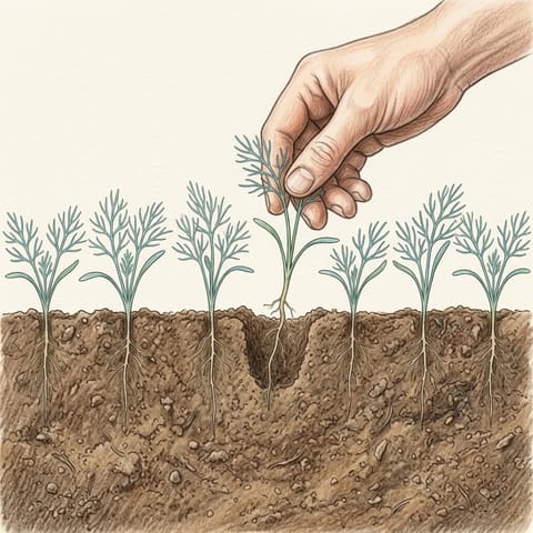 Fingers pulling a spare seedling from a row of young dill