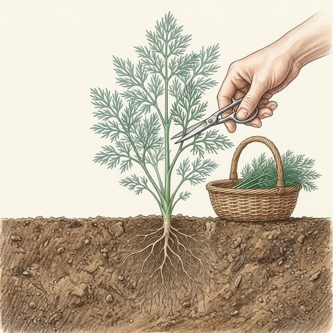 A hand snipping feathery leaves from a dill plant
