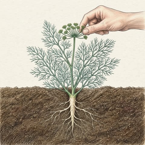 Fingers pinching a young flower stem off a dill plant